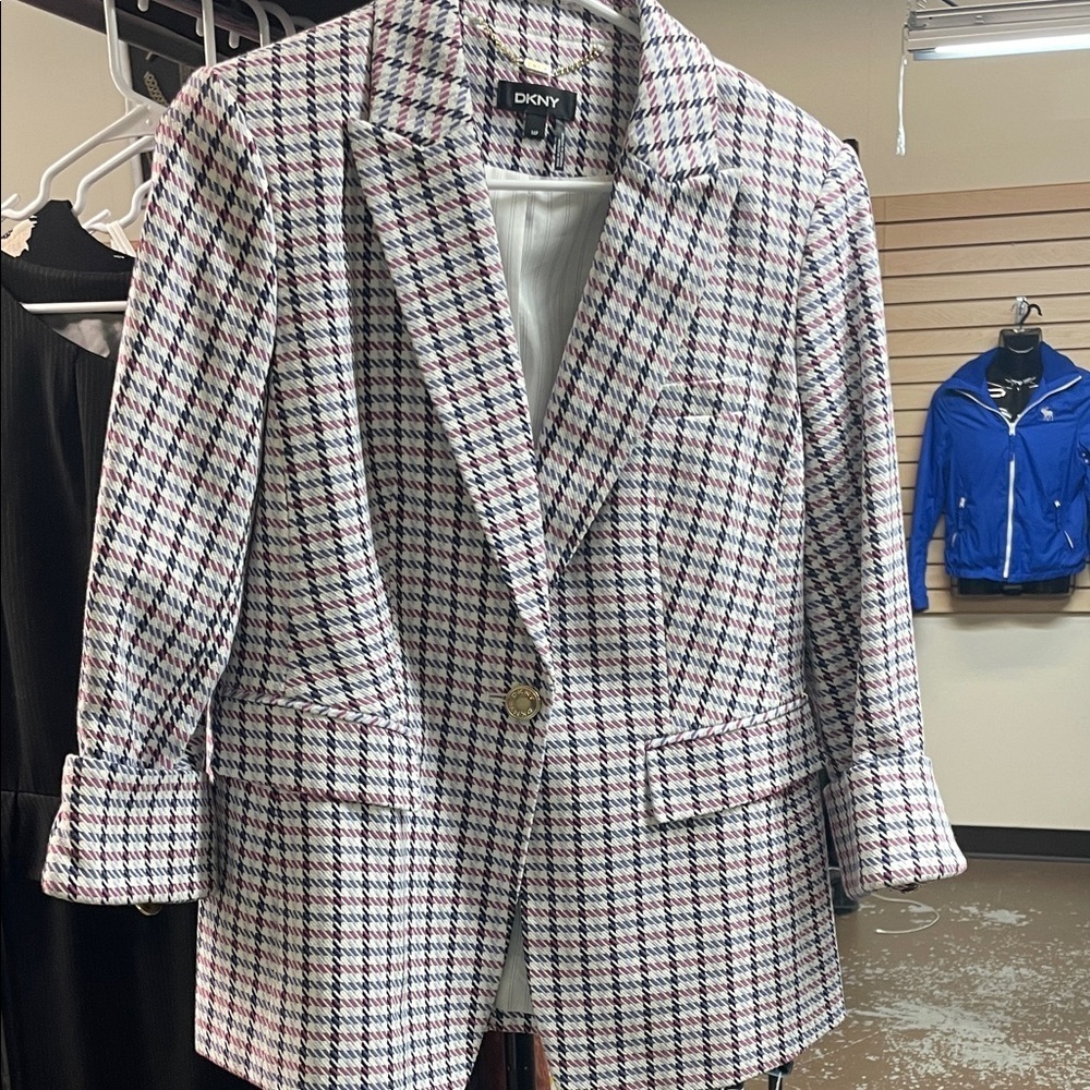 DKNY Petite 14P Tweed Blazer Jacket – Pink/Purple Plaid – 100% Cotton